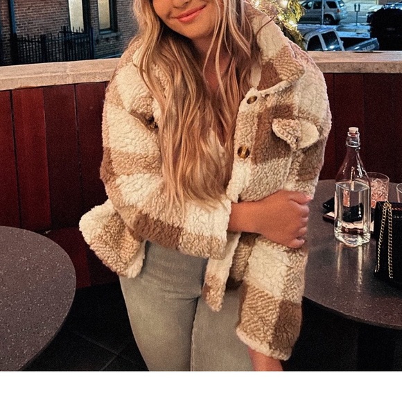 Brown and White Plaid Teddy Jacket - Picture 7 of 7